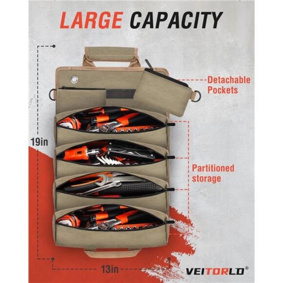 Tool Organizers - Small Tool Bag W/Detachable Pouches, Heavy Duty Tool Roll - Picture 3 of 8
